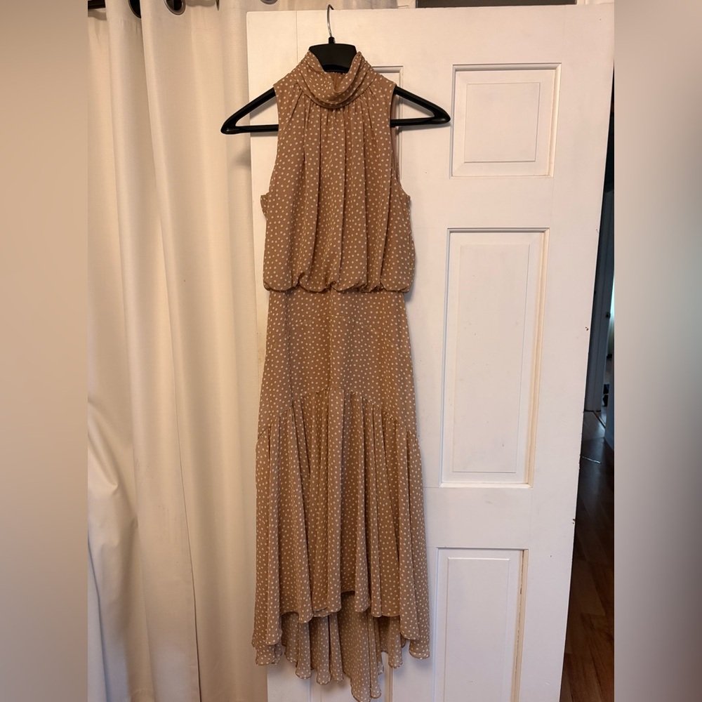 Taylor Tan High Low Sleeveless Polka Dot Dress